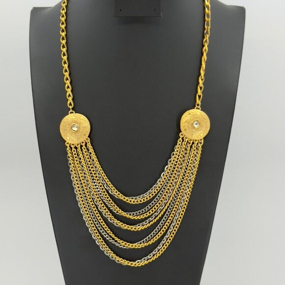 Vintage Multi Strand Festoon Gold Silver Chain Necklace Ornate Discs Hearts - Picture 1 of 14